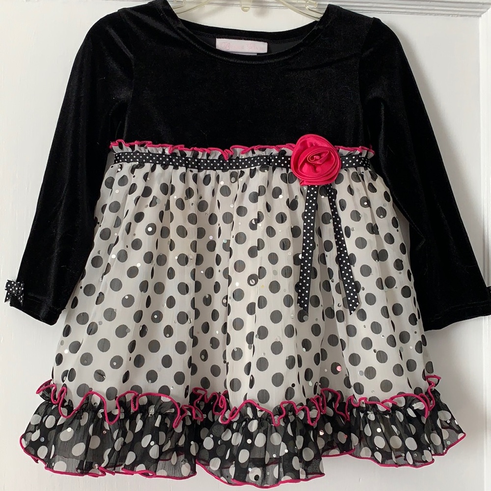 Bonnie Baby Black Velvet Polka Dot Dress Pink Rose 18M
